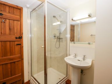 A bathroom with a glass shower enclosure a white pedestal sink and a wooden door at Stable End in Luntley near Pembridge