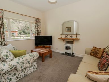 A living room with a sofa and television at Gardener's Cottage in Llanwrthwl near Rhayader