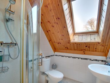 A bathroom with a shower, toilet, sink, and skylight window at Apple Tree Lodge in Swarland near Alnwick