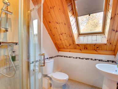 A bathroom with a shower, toilet, and sink under a slanted wooden ceiling with a skylight at Lime Tree Lodge Swarland near Alnwick