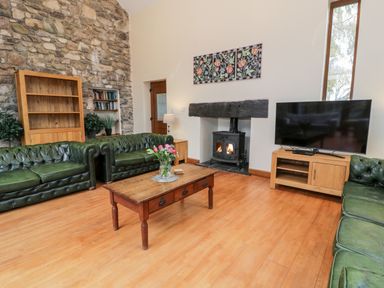 A living room with green sofas a wooden coffee table a fireplace a television and a stone wall at Ddol Helyg Barn in Llanrug