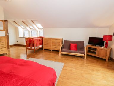 A bedroom with wooden furniture including a crib dresser and sofa with a red pillow and a television on a cabinet at Ddol Helyg Barn in Llanrug