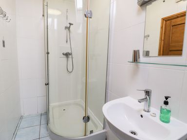 A bathroom with a glass enclosed shower and a white sink with a mirror above it at Ddol Helyg Barn in Llanrug