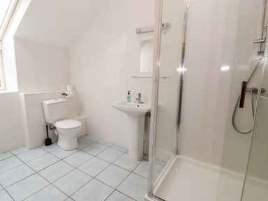 A bathroom with a toilet sink and glass shower enclosure at Ddol Helyg Barn in Llanrug