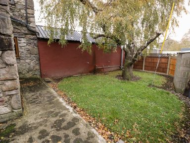 A garden area with grass and a tree next to a stone building and a red wall with a laundry line at Ddol Helyg Barn in Llanrug