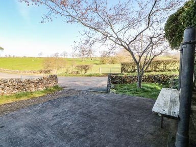 A view of a country road with a stone wall and a tree next to a wooden bench at Cherry Tree Cottage in Soulby near Kirkby Stephen