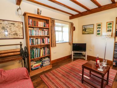 A living room with a bookshelf a television on a stand a small wooden table with glasses and a bottle and a striped rug at Cherry Tree Cottage Soulby near Kirkby Stephen