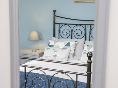 A bedroom with a metal bed frame blue bird patterned pillows a nightstand and a lamp at Mountain View in Conwy