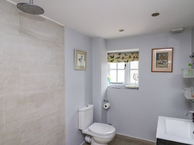 A bathroom with a toilet, shower, sink, window, and framed pictures at The Barn at Glanoer Hundred House near Builth Wells