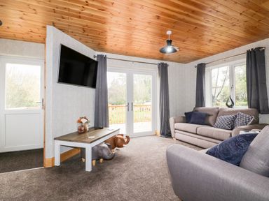A living room with two sofas a wall mounted TV and a coffee table at Lodge One in Brighton near Summercourt