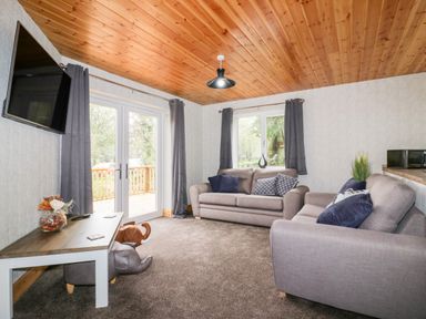A living room with two gray sofas a wooden coffee table with decorations a wall mounted television and large windows with gray curtains at Lodge One Brighton near Summercourt