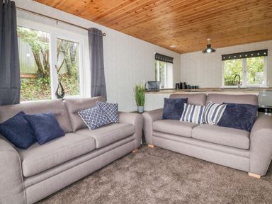 A living room with two sofas and cushions next to windows and a kitchen area at Lodge One Brighton near Summercourt
