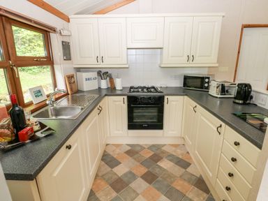 A kitchen with cream cabinets a black oven a stainless steel sink and various appliances and items on the countertops at The Beeches in Narberth