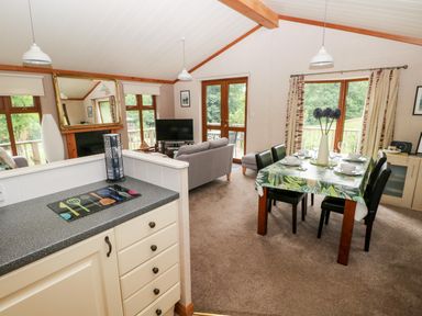 An open-plan living and dining area with a kitchen counter a dining table with chairs a sofa a TV and large windows at The Beeches in Narberth