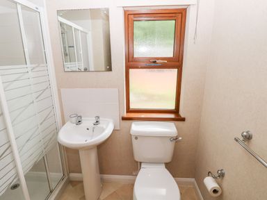 A bathroom with a shower, a pedestal sink, a toilet, and a window at The Beeches in Narberth
