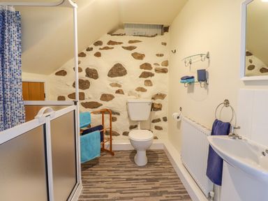 A bathroom with a toilet sink radiator and shower at Ysgybor Yd in Chwilog near Criccieth