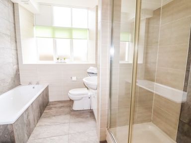 A bathroom with a bathtub a toilet a sink and a glass shower enclosure at Yr Hen Festri in Y Felinheli