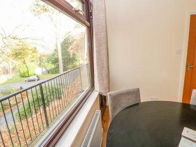 A dining area with a round black table near a large window and a wooden door at Bluebell Lodge in Saltburn-by-the-Sea