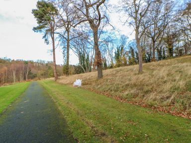 A paved path along a grassy area with trees and a white bench on the grass at Bluebell Lodge in Saltburn-by-the-Sea