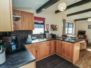 A kitchen with wooden cabinets and appliances at Bluebell Lodge in Saltburn-by-the-Sea