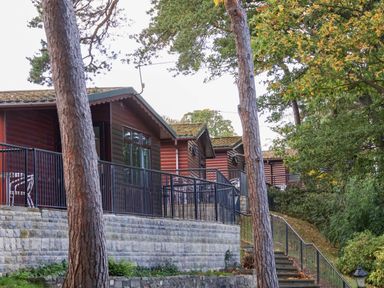 Log cabins with terrace and railing at Bluebell Lodge Saltburn-by-the-Sea