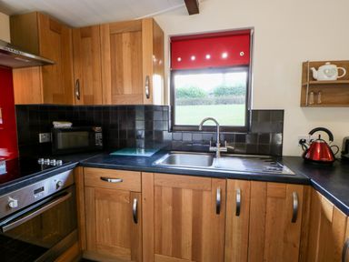 A kitchen with wooden cabinets a stainless steel oven microwave sink red kettle and window with red blind at Violet Lodge in Saltburn-by-the-Sea