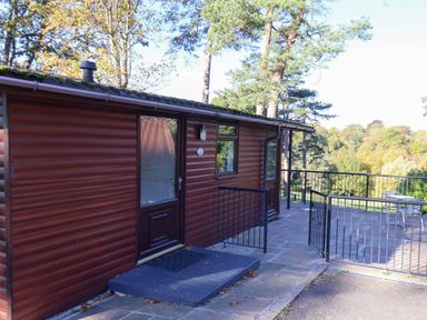 A cabin with a deck and railing at Violet Lodge in Saltburn-by-the-Sea