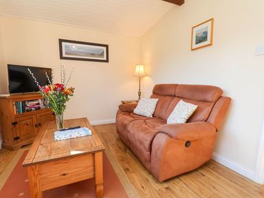 A living room with a sofa and coffee table at Violet Lodge in Saltburn-by-the-Sea