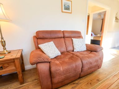 A brown sofa with cushions in a living room at Violet Lodge in Saltburn-by-the-Sea