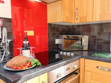 A kitchen with a microwave and cooking stove at Violet Lodge Saltburn-by-the-Sea