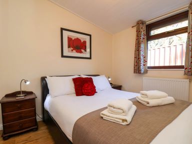 A bedroom with a bed and bedside lamp at Violet Lodge in Saltburn-by-the-Sea