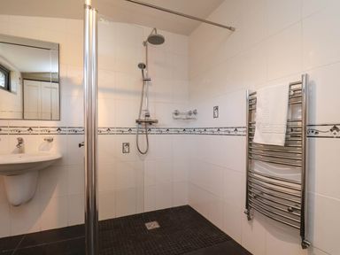 A bathroom with a shower and hand basin at Violet Lodge in Saltburn-by-the-Sea