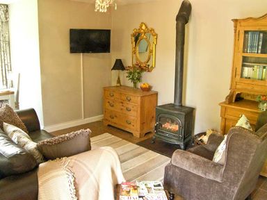 A living room with a sofa, armchair, wood stove, wooden cabinets, wall-mounted TV, and a mirror at Carreg Rhys in Malltraeth near Newborough