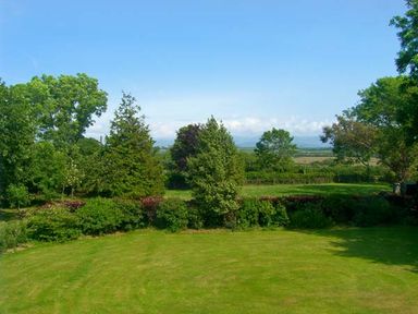 A grassy lawn bordered by trees and shrubs with a clear blue sky in the background at Carreg Rhys in Malltraeth near Newborough