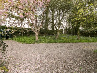 A garden with trees and grass next to a gravel path at Ty Taid in Llanddaniel Fab near Beaumaris