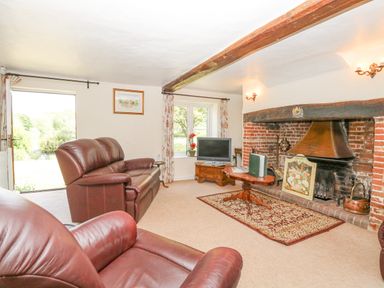 A living room with leather sofas a TV on a wooden stand a fireplace and a rug at Lyons Green in Little Fransham near Swaffham