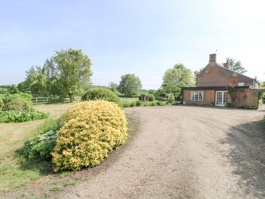A gravel driveway with bushes and a brick house at Lyons Green in Little Fransham near Swaffham