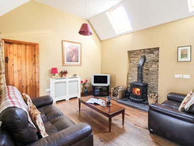 A living room with two leather sofas a wooden coffee table a wood-burning stove and a television at Rosemount Coach House Ballycarney near Enniscorthy County Wexford