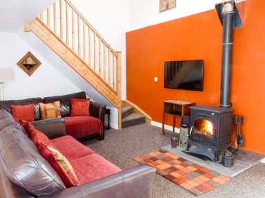 A living room with two sofas a wood stove and a wall mounted TV at Woodstone Barn Whitchurch near Tavistock