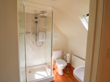 A bathroom with a shower and toilet at Fuschia Cottage in Waterville, County Kerry