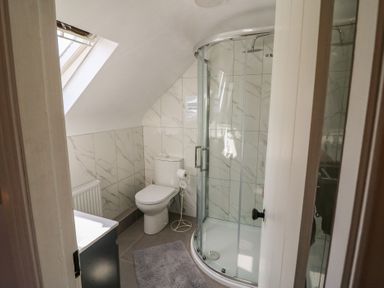 A bathroom with a shower and toilet at Fuschia Cottage Waterville, County Kerry