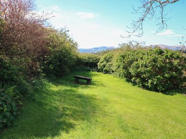 A garden area with a bench surrounded by bushes and grass at Fuschia Cottage in Waterville, County Kerry
