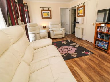 A living room with white leather sofas a floral rug a wooden cabinet with a television and games at 3 Rosecraddoc Lodge Rosecraddoc Lodge near Liskeard