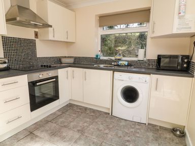 A kitchen with white cabinets a washing machine an oven a microwave and a window at 3 Rosecraddoc Lodge near Liskeard