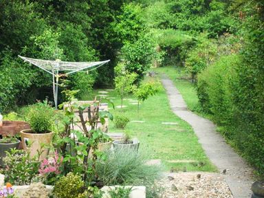 A garden with potted plants a clothes drying rack a narrow paved path and green hedges at Lothlorien Cottage in Cwmgors near Ammanford