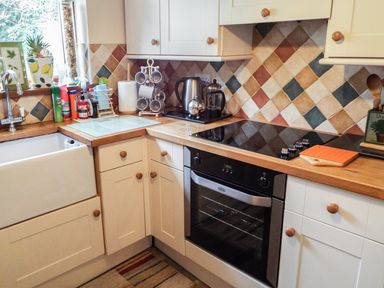 A kitchen corner with a sink oven stovetop and countertop appliances at Lothlorien Cottage in Cwmgors near Ammanford