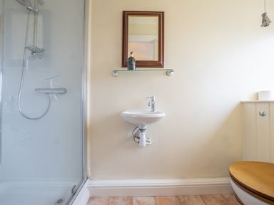A bathroom with a shower, small sink, mirror, soap dispenser, and a toilet with a wooden seat at The Coach House in Gilwern near Crickhowell and Abergavenny