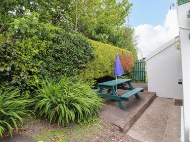 A garden area with a green picnic table and blue umbrella near a hedge and white wall at Brendans Cottage in Valentia Island County Kerry