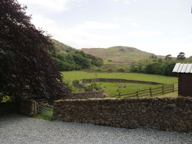 A view of a green hillside with stone walls and trees at Copper Beech Cottage in Torver