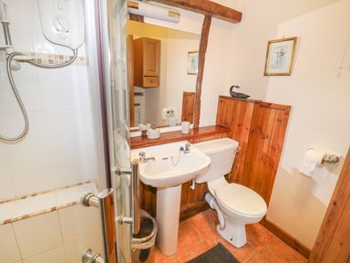 A bathroom with a shower, washbasin, toilet, wooden paneling, and a mirror at The Pottery in Urchfont near Devizes